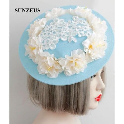 Blue Hat with Artificial Flowers Charming Bridal Wedding Hats Elegant Lace Holloween Party Hats Girls Hair Accessories SH09