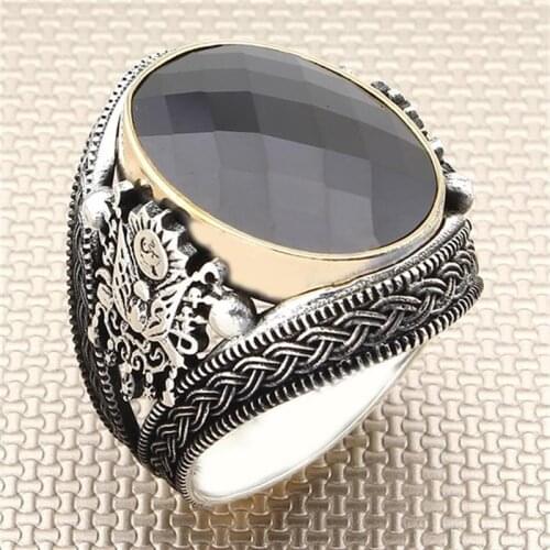 925 Sterling Silver Ring Black Stone ottoman Coat Of Arms For Men Zircon Gemstone Mens Rings Handmade - Turkish Jewelry