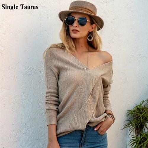 2020 Fall Womans V-neck Casual Twist Stitching Sweater Long Sleeve Lady Sexy Pullover knitwear Sweaters Knitted Top for Women