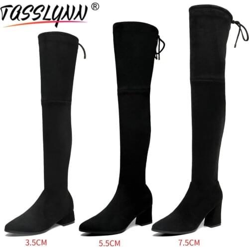 TASSLYNN 2020 Women Over The Knee High Boots 3 Heels Height Winter Shoes Pointed Toe Spandex Elastic Fabric Women Boots 34-43