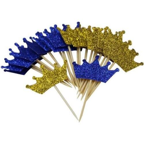 Glitter Gold Blue Prince Crown gender reveal BOYS birthday cupcake toppers baptism Christening party decoration doughnut picks