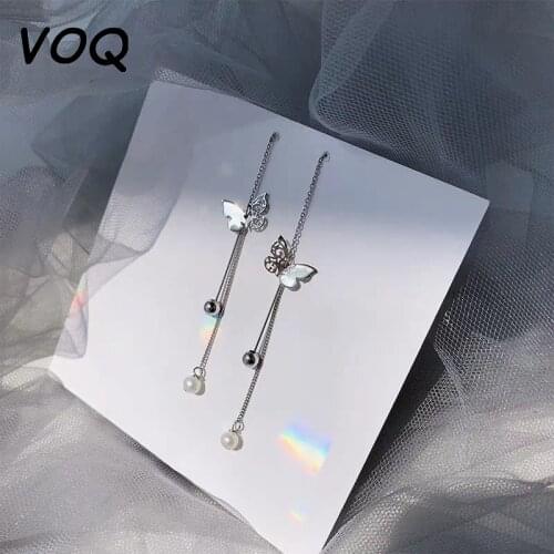 VOQ Delicate 925 Sterling Silver Butterfly Pearl Long Tassel Earrings for Women Ear Line Party Jewelry Gifts