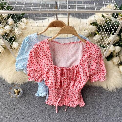 Square Collar Short Shirt Mujer Sweet Girls Summer Tops Floral Print Puff Sleeve Lace Up Bow Strtche Pleated Wasit Women Tshirts