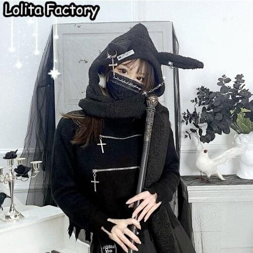 Women Japanese Harajuku Wind Dark wind girl broken Slouchy loose top high collar Cross Pendant Pullover black sweater female