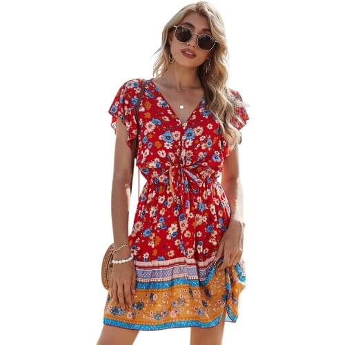 Womens Deep V-Neck Short Sleeve Lace-Up Front Floral Print Ruffle Hem Dress