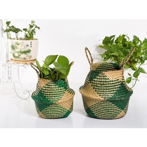 Seagrass Belly Basket with Handles Woven Storage Basket Decorative Laundry Picnic Toys Grocery Container Rattan Plant Pots