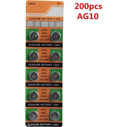 200pcs/lot AG10 For Watch Toys Remote 189 LR54 Cell Coin Alkaline Battery 1.55V SR54 389 189 LR1130 389 SR1130 Button Batteries