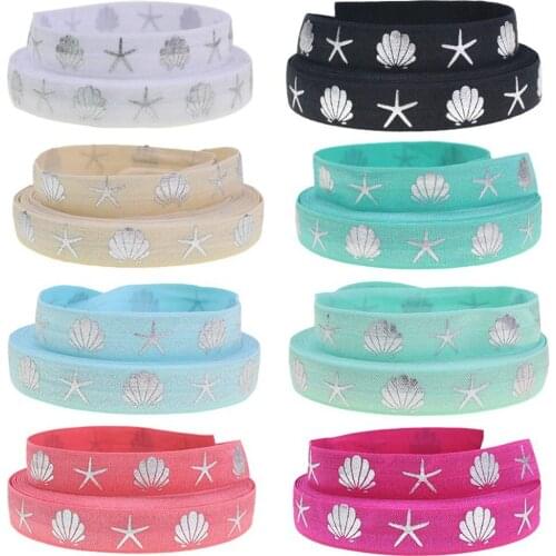 50 Yard/lot 5/8"silver foil starfish shells printed fold over elastic wholesale for Hair Tie Headwear summer Hair Accessories