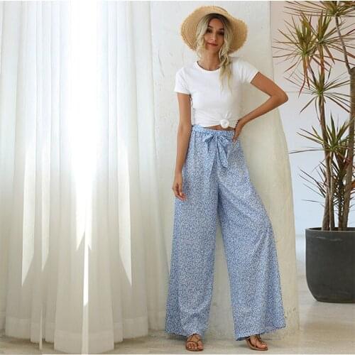 Summer Womens Pants Printed Capris Pants Femme Fashion Flare Pant Vintage Wide Leg Clothing High Waist Trousers Casual