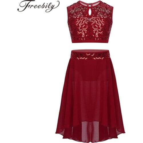 Kids Ballet Tutu Dance Wear Female Sleeveless Sequined Crop Top Chiffon Skirt Set Ballerina Contemporary Lyrical Dance CostumeS