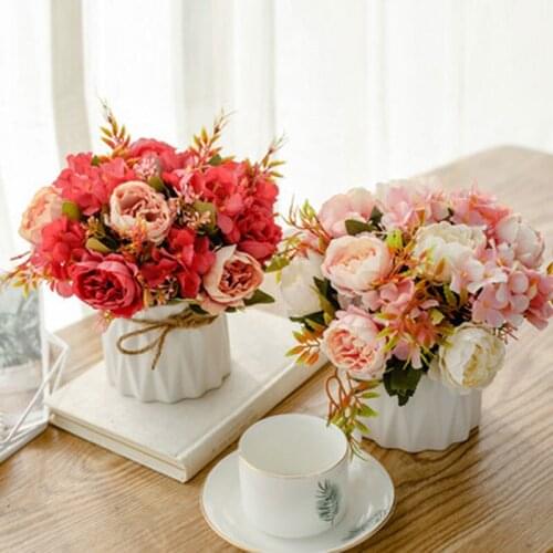 Simulation plant potted home decoration fake flowerpot Nordic simulation flower set ceramic hemp rope vase rose