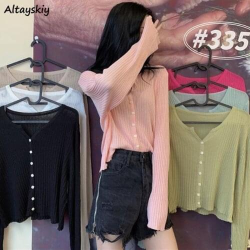 Y2K Cardigan Women Solid Casual V-Neck Summer Simple Office All-match Friends Chandails Knitting Sun-proof Tunic Harajuku Daily