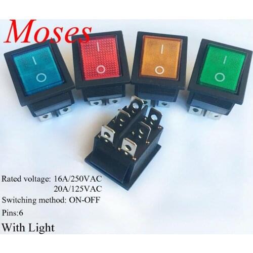 KCD4 Original New green blue black yellow red Latching Rocker Switch Power Switch I/O 6 Pins With Light 16A 250VAC 20A 125VAC