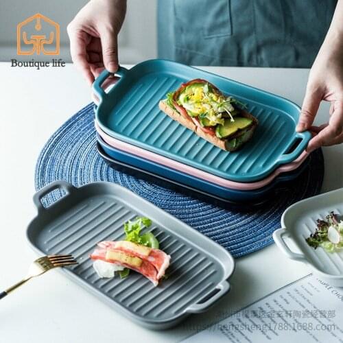 Ceramic cake baking pan bread pan Baking Tray Tableware Dual Handle Rectangular Baking Tray Baking Dish Japanese-Style Matte