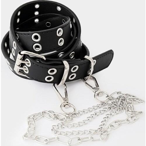 Fashion Harajuku Women Punk Chain Belt Adjustable Black Double/Single Eyelet Grommet Metal Buckle PU Leather Waistband For Jeans