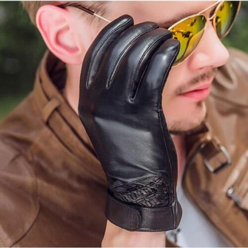 Sheepskin Five Finger Motorcycle Driving Gloves Men Fashion Black Genuine Leather Thicken Warm Winter Glove NM788-5