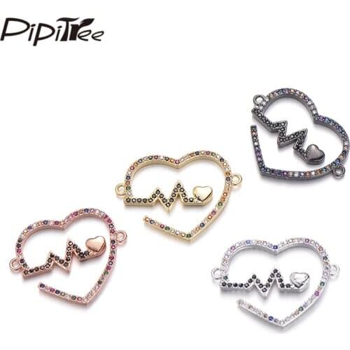 Pipitree CZ ECG Heart Charm Solid White Gold Color Cubic Zirconia DIY Charms Bracelet Necklace Connectors Trendy Jewelry Making
