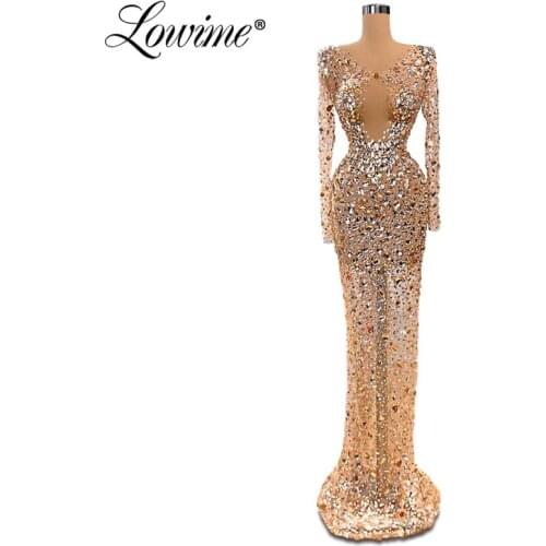 Illusion Sexy Party Dresses 2020 Arabic Long Sleeves Mermaid Evening Dress Beaded Crystals Prom Dress Formal Dress Dubai Custom