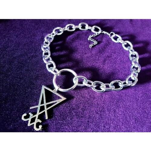 Sigil of Lucifer Ring Chain Choker, Occult Luciferian Sm Goth Gothic Steel Ring Bondage Bdsm