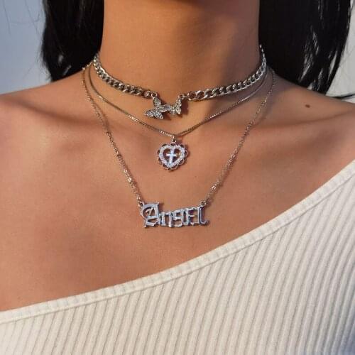 Vintage Multilayer Rhinestone Butterfly Heart Cross Letters Pendant Necklace Women Punk Geometric Clavicle Necklaces Jewelry