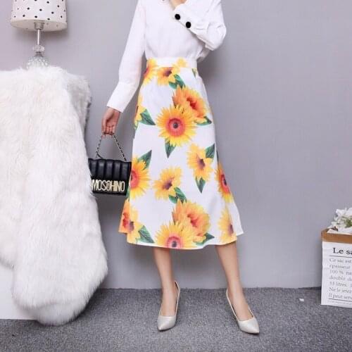QRWR Summer Autumn Floral Print Womens Skirt Mid-Calf Length Elastic Waist Elegant Casual A Line Midi Skirts Women 2020