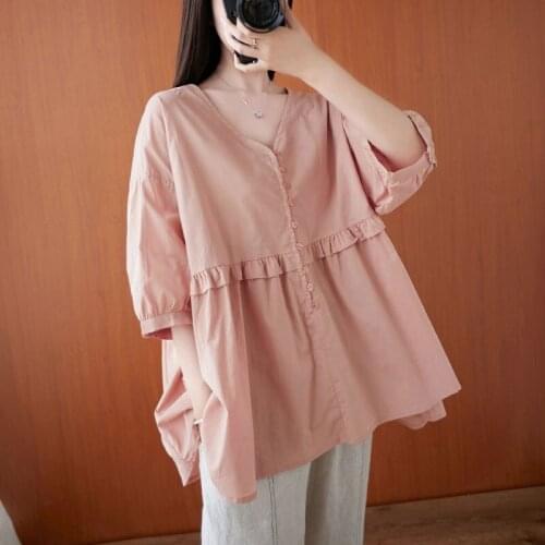 Oversized Women Casual Blouses Shirts New 2021 Summer Simple Style Vintage V-neck Solid Color Loose Female Cotton Tops S2941