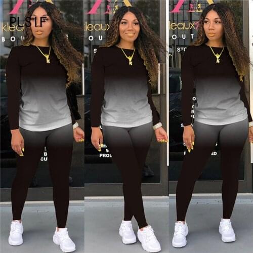 New fashion gradient o neck long sleeve top and pants 2 pieces set high street casual lady fashion outfits
