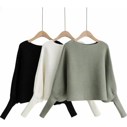 Za 2020 White Black Knit Pullover Sweater Women Autumn Winter Long Sleeve Knitted Bat Sweater Top Casual Short Knitting Sweater