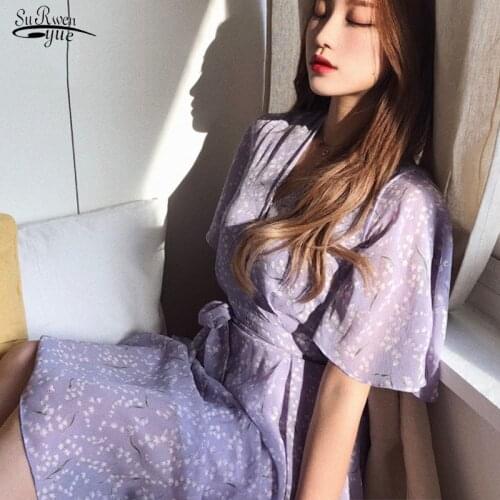 Vestidos 2021 Summer Short Sleeve Midi Women Dresses Print Dress for Women Flare Purple Female Dress Chiffon Party Dresses 8946