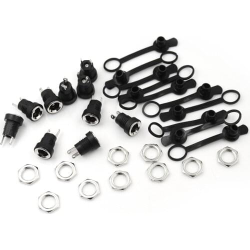 10Pcs 3 Size Plug + Pcs Socket + Waterproof Cap Black DC Power Jack Socket Female Panel Mount Connector