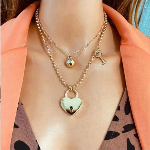 2021 New Retro Gold Chain Pendant Multi Layer Love Lock Necklace European Fashion Heart Charm Necklaces Women Female Jewelry