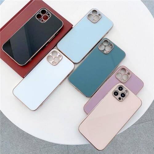 Luxury Plating Tempered Glass Phone Case For iPhone 12 11 Pro Max Mini X XS Max Cover For iPhone 8 7 Plus SE2020 Soft Frame Case