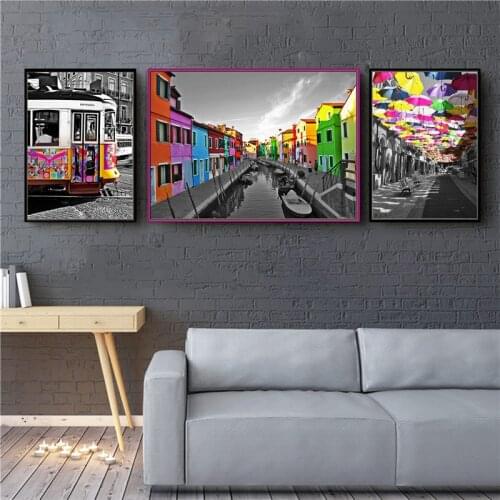 Retro Scenery Home Decor Nordic Canvas Painting Wall Art Print Colorful Umbrella Poster Living Room Black Whit Decor Picture