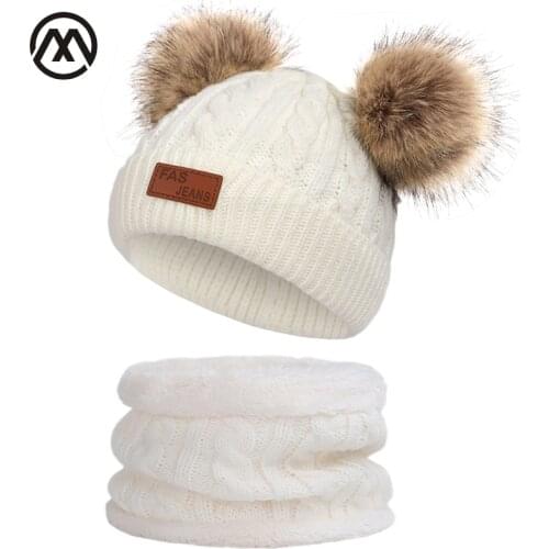 Childrens Winter Warm Hat Collar Set Pompom Peas Bonnet Hat Boy / Girl Knit Hat Scarf Ski Warm 2 Piece Set Head Cap Twist Hat