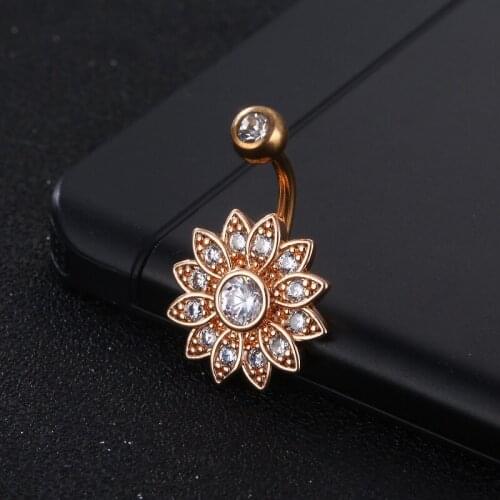 Sunflower Pendant Set With Diamond Ornament Navel Nail Stainless Steel Belly Button Ring Elegant Woman Body Piercing Jewelry