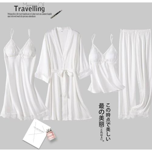 4PCS Sleepwear Set White Satin Wedding Robe Women Pajamas Pijamas Suit Spring Summer Kimono Gown Loose Casual Sexy Home Clothes
