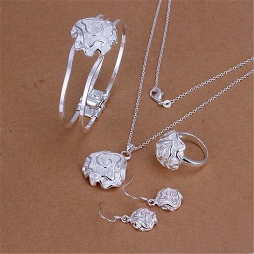 Silver color jewelry set fashion women party jewelry charm rose flower pendant necklace bracelet ring Drop Earrings S243