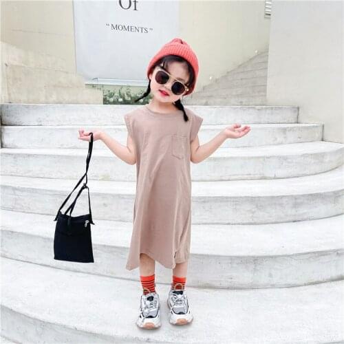 Girls summer single pocket casual loose mid-length T-shirt dress simple sleeveless dress