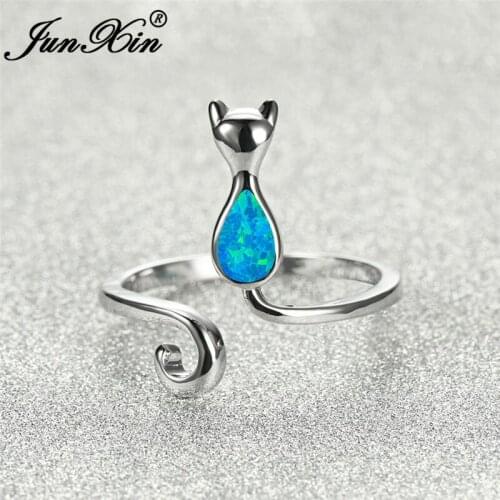 Lovely Animal Cat Ring White Gold Blue Fire Opal Rings For Women Open Wedding Bands Cute Stacking Thin Ring Band Jewelry