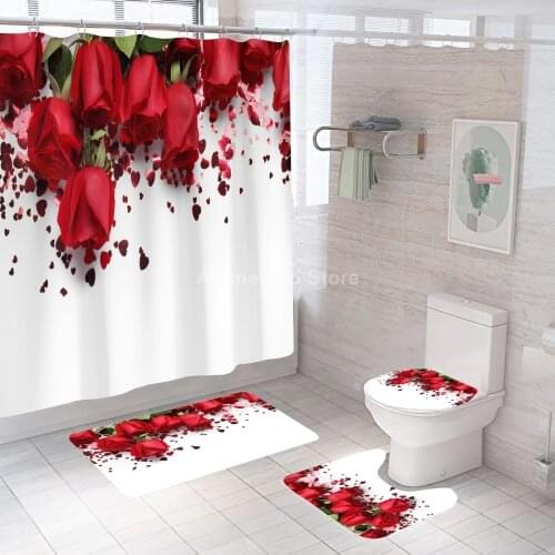 Fashion Rose Red Shower Curtains Flower Bathroom Curtain Bath Sets Toilet Cover Mat Non-Slip Washroom Rug Set Modern 180x180cm