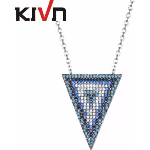 KIVN Fashion Jewelry Pave Blue CZ Cubic Zirconia Triangle Pendant Necklaces for Women Birthday Christmas Gifts