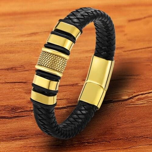 Charm Gold wristband Stainless Steel Genuine Leather Men Bracelet Wholesale Accessories Jewelry Gold Black Magnetic Bangles