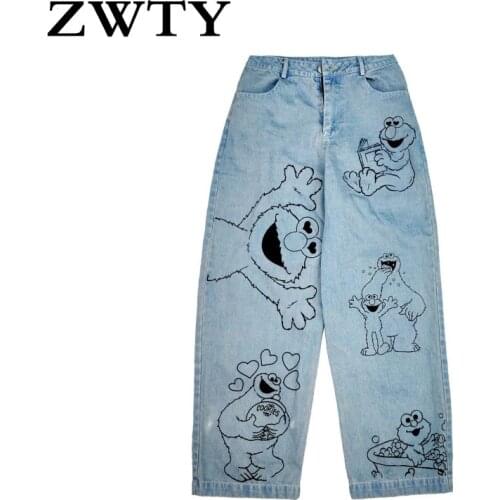 ZWTY 2021 New Spring Fashion Ins Street Hip-hop Printing Wash Jeans Loose Casual Denim Wide Leg Pants Tide Woman Long Trousers