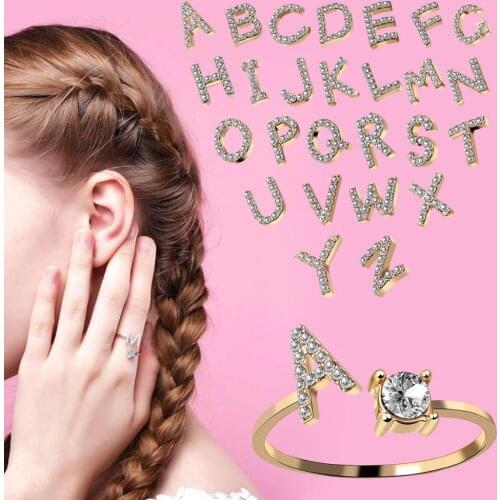 New Design Fashion Adjustable 26 Initial Letter Ring Shining Rhinestone Opening Cuff Ring For Women Elegant Jewelry Gift