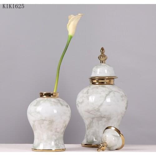 Gold-plated Ceramic Storage Jar Flower Arrangement Vase Container Desktop Ornaments Marble Pattern General Jar Home Decoration