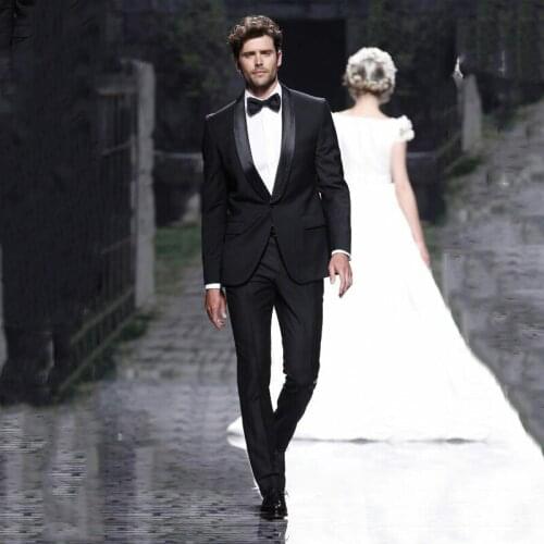 Latest Coat Pant Design Black Groom Tuxedo Men Classic Suits for Wedding Satin Shawl Lapel Groomsmen Wear 2piece Terno Masculino