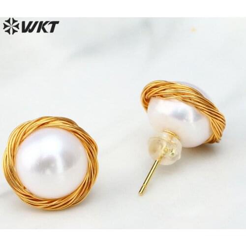 WT-E530 Natural Pearl Earring White Pearl Stud With Wire Warrped Earring Women Dainty Earring Wedding Jewelry