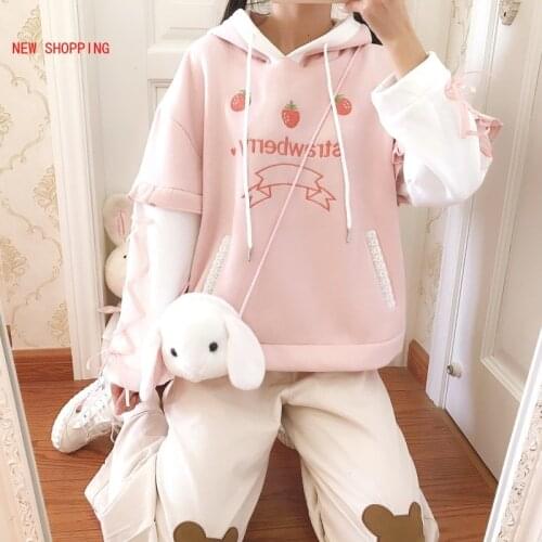 Japanese Sweatshirt Harajuku Kawaii Hoodie Winter Women Sweet Strawberry Thicken Hooded Lolita Fleece Warm Cute Pink Pullover