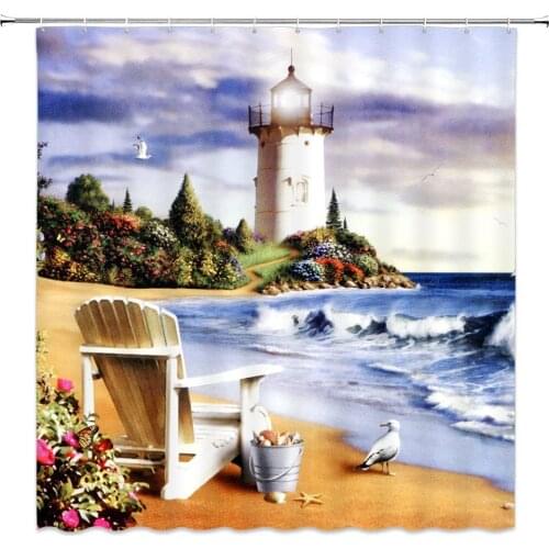 Ocean Scenery Shower Curtains Sea Beach Lighthouse Seabird Floral Plant Bathroom Decor Home Bath Cloth Hanging Curtain Sets