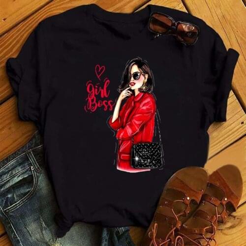 FIXSYS Women Fashion VOGUE Graphic T-Shirt Hot Sales Printed Female Black Tshirt Harajuku Korean Style Short Sleeves Clothes